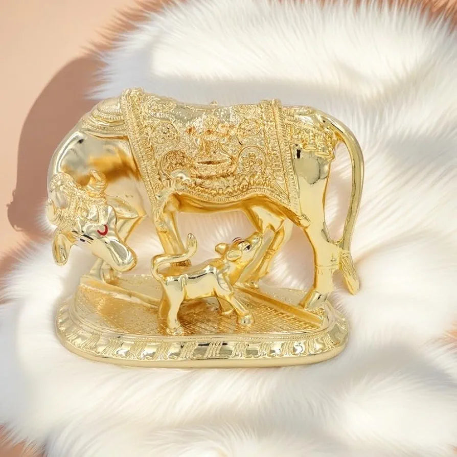 Jaipur Ace Kamdhenu Cow With Calf Statue Standard Size Golden Big Golden Cow