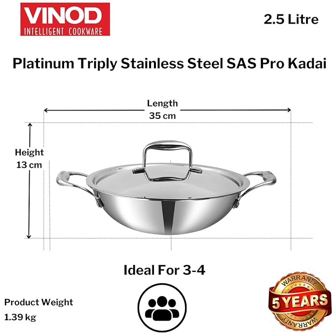 Vinod SAS Pro Platinum Triply Stainless Steel Non Stick Kadhai with Lid - 2.5 Litre, 24 cm | Ceramic Coating | Honeycomb Design Induction Base