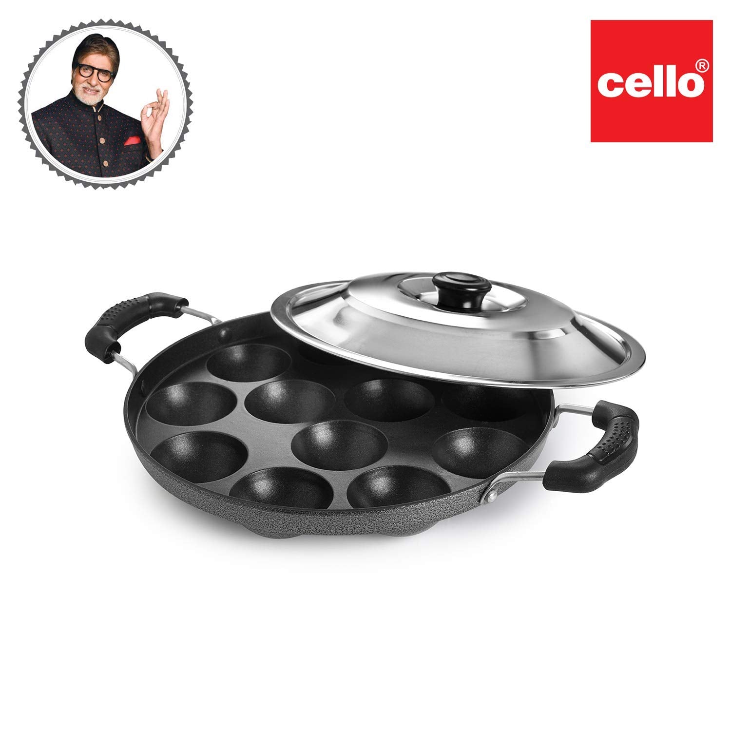 Cello Non-Stick 12 Cavity Appam Patra Kan with Stainless Steel Lid | 2 Side Handle | Appam Maker