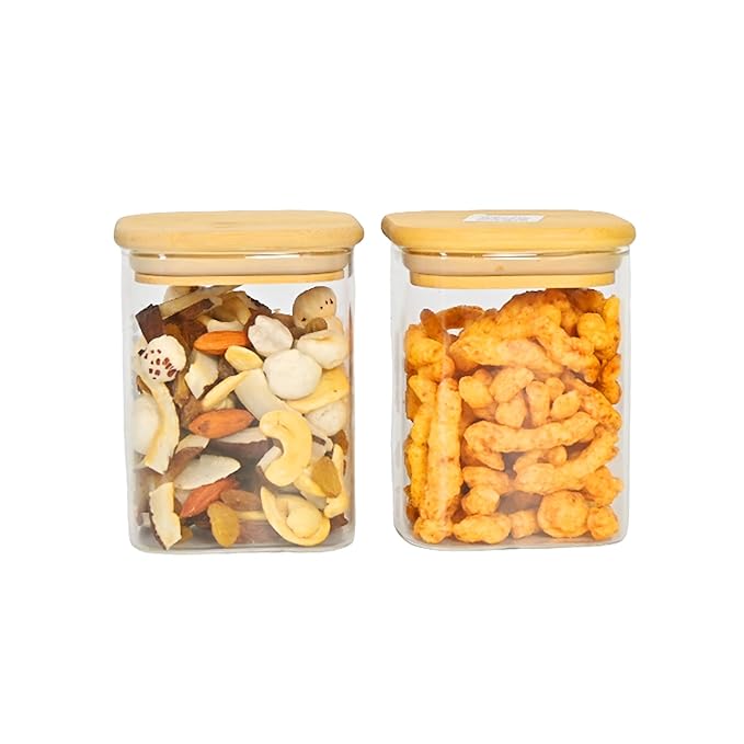 Femora Kitchen Storage Jars Borosilicate Glass Jar With Wooden Lid Air Tight Jar | 450 Ml | Pack of 2