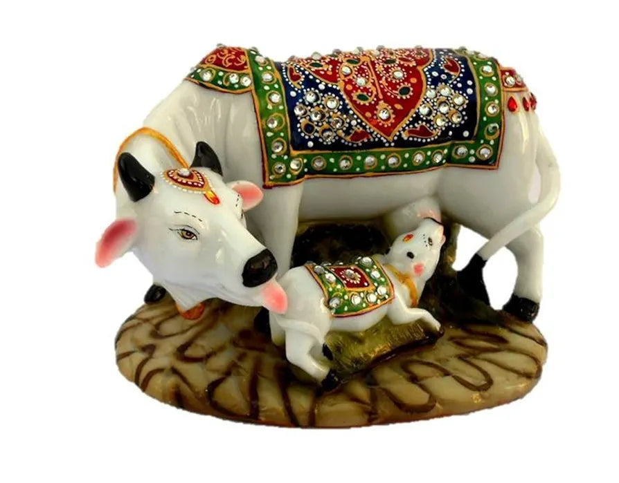 Jaipur Ace Decorative Polyresin Cow and Calf Statue/idol 8 Inch Kamdhenu Cow