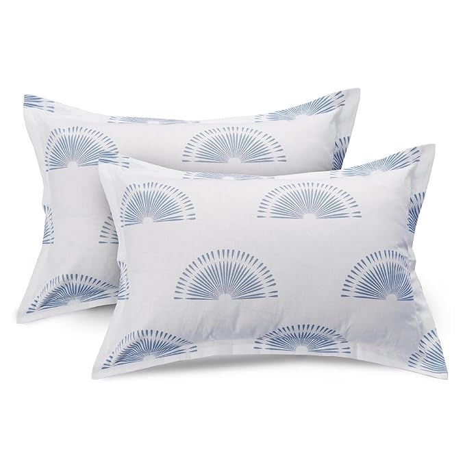 Huesland by Ahmedabad Cotton 144 Tc Bedsheet for King Size Bed With 2 Pillow Covers | Sunrise | Powder Blue & White