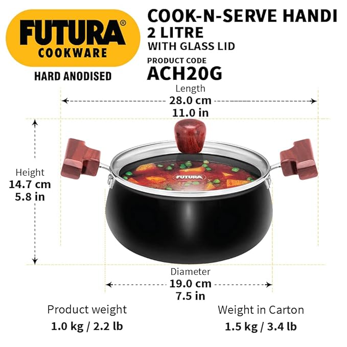Hawkins Futura 2 Litre Cook n Serve Handi Hard Anodised Biryani Handi with Glass Lid