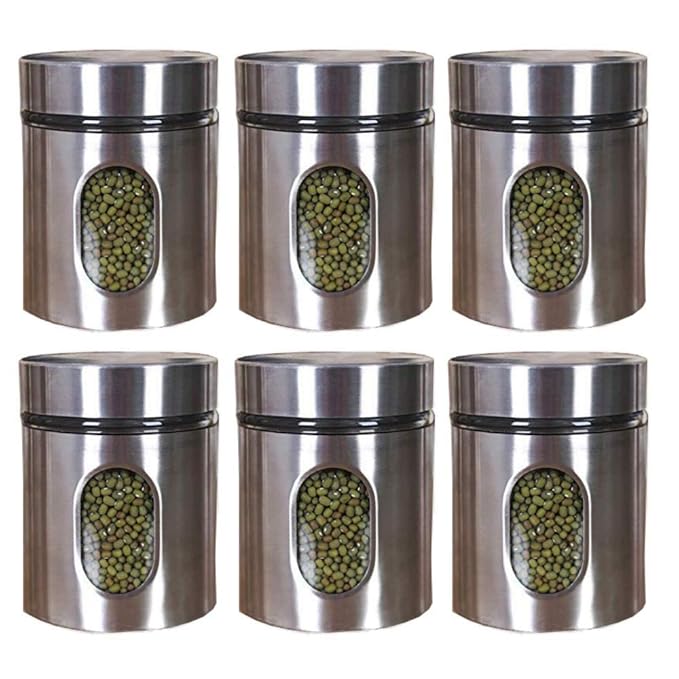 Femora Kitchen Storage Jars Steel Body With See Through Window Jar | 300 Ml | Pack of 6