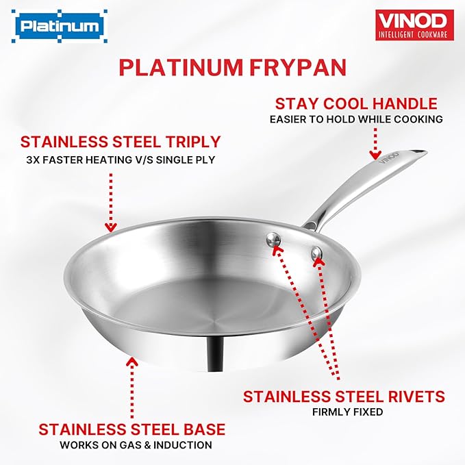 Vinod Platinum Triply Stainless Steel Frypan 18 cm | 2.5 mm Thick | Steel Pan | Scratch Resistant, Non Toxic