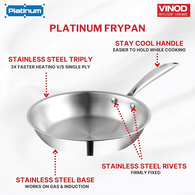 Vinod Platinum Triply Stainless Steel Frypan 22 Cm | 2.5 Mm Thick | Steel Pan | Scratch Resistant | Non Toxic