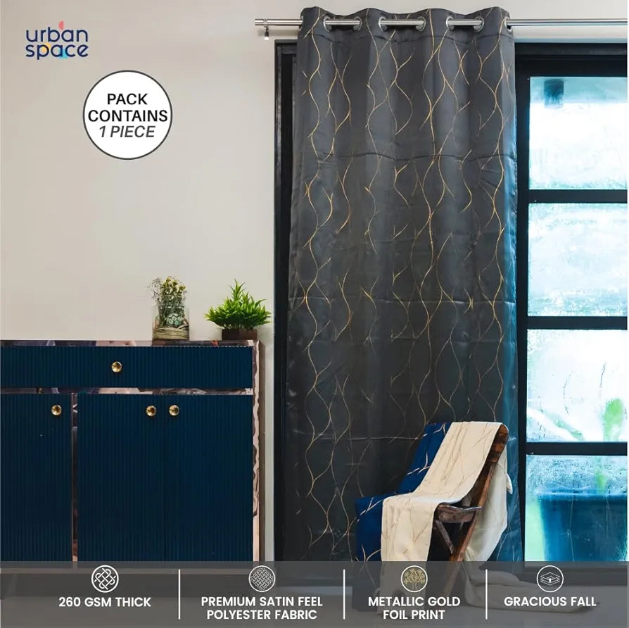 Urban Space Blackout Curtain for Living Room, Gold Foil Printed Luxurious Blackout Decorative Curtain Eyelet with Tieback Curtains 1 Piece Wave Stone Gray