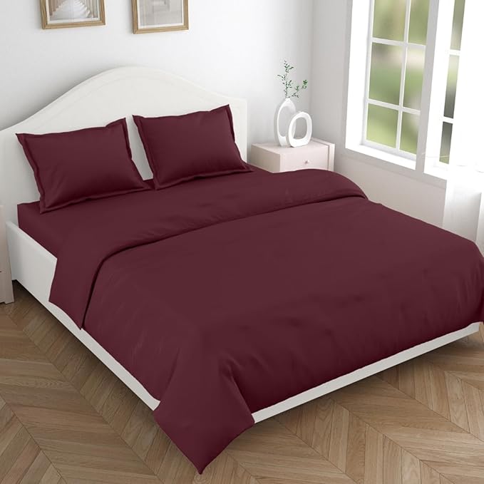 Haus & kinder Cotton Plain Solid Bedsheet for King Size 2 Pillow Covers | Colour Wine