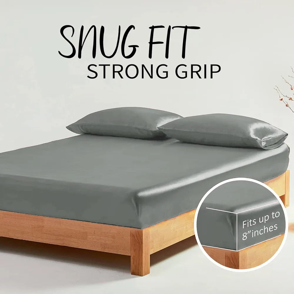 Cloth Fusion Satin Elastic Fitted Bedsheets Double Bed Luxury Queen Size with 2 Pillow Covers H603 280 TC Silver