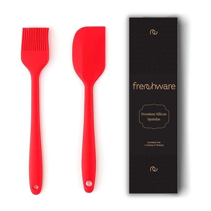 Frenchware Set of 2, Red Oil Brush for Cooking & Non-stick Silicone Spatula Baking & Mixing | Seamless Design