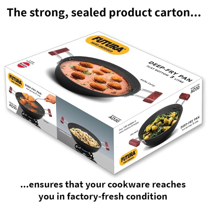 Hawkins Futura 3 Litre Deep Fry Pan Hard Anodised Kadai Flat Bottom Kadhai