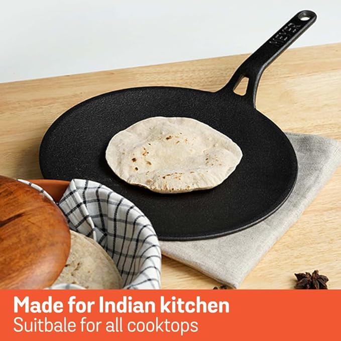 Meyer Pre-Seasoned Cast Iron Roti Tawa Pan with Stick Handle | 24cm Black