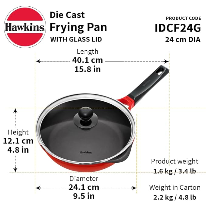 Hawkins 24 cm Frying Pan Die Cast Non Stick Fry Pan with Glass Lid Ceramic Coated Pan Red
