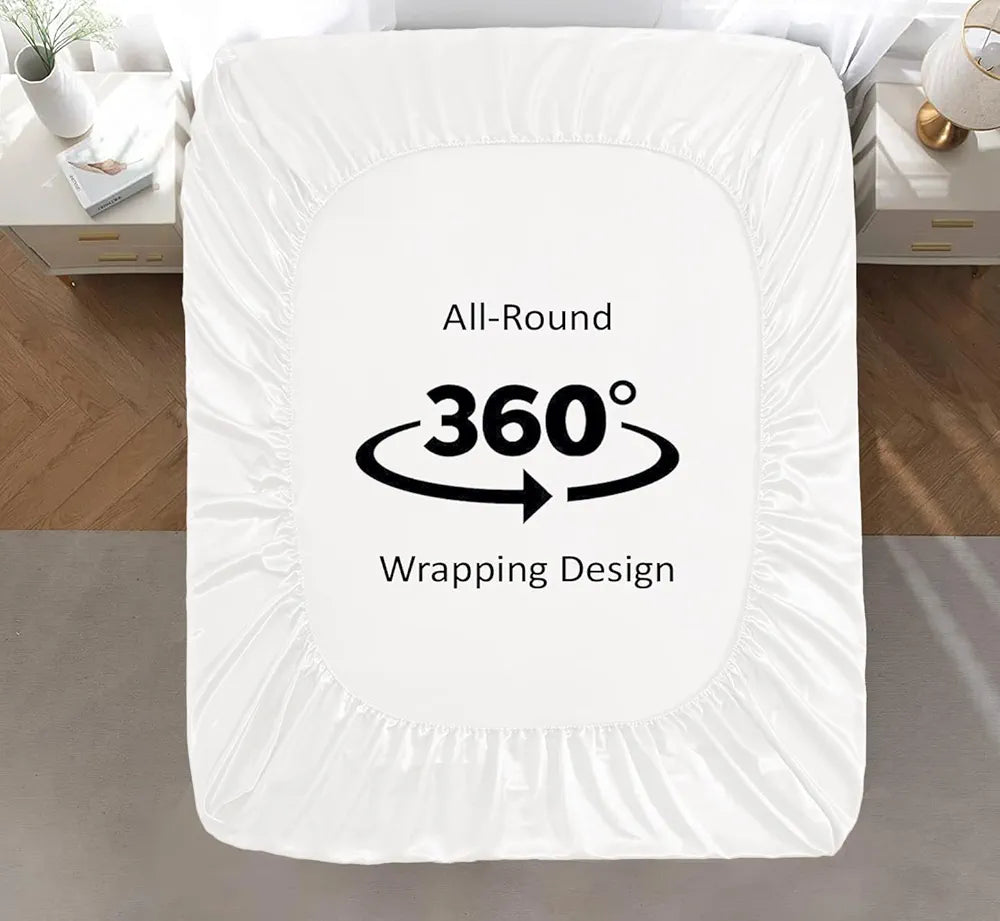 Cloth Fusion Satin Elastic Fitted Bedsheets Double Bed Luxury Queen Size with 2 Pillow Covers White