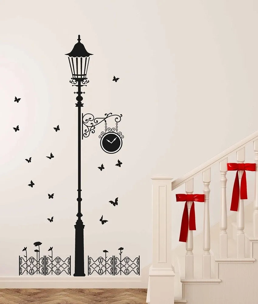 Decals Design Black Antique Street Lamp with Butterflies Wall Sticker