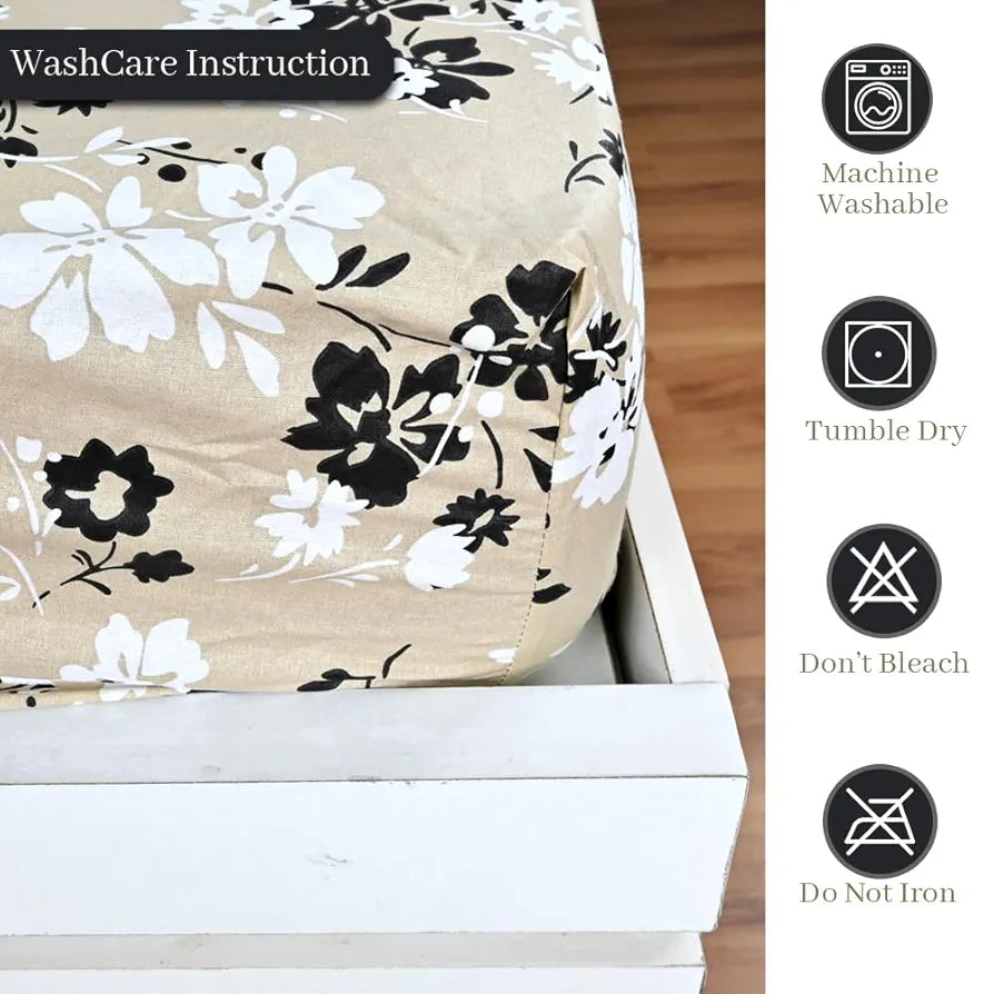 Divine Casa Floret 100% Cotton King Fitted Bedsheet 144 TC Deep Pocket Design Soft & Breathable Fabric Colour Ivory Sunflowers