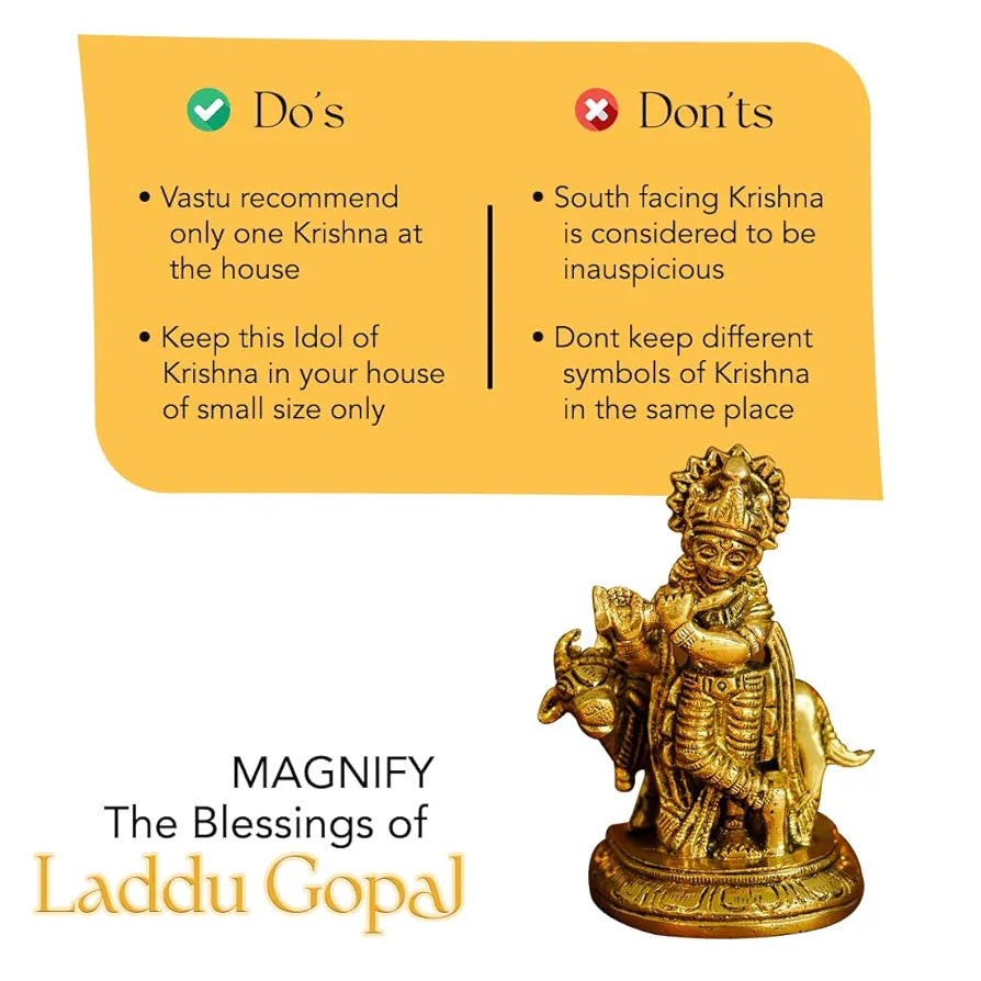Ekhasa Pure Brass Lord Krishna Idol with Flute Shree Lord Krishna Statue Golden Krishna With Cow