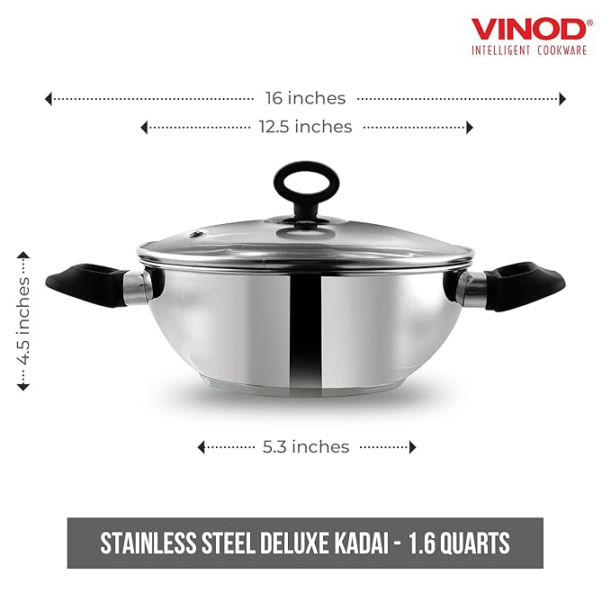 Vinod Stainless Steel Deluxe Kadhai with Glass Lid - 1.5 Litre, 20cm | Extra Thick, SAS Bottom | Soft Handle | Kadai for Cooking