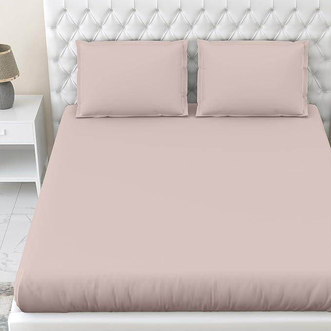 Haus & kinder Cotton Elastic Fitted Bedsheet King Size 2 Pillow Covers (78 X 72 Inches + 13 Deep Pocket) Cameorose, 300 tc