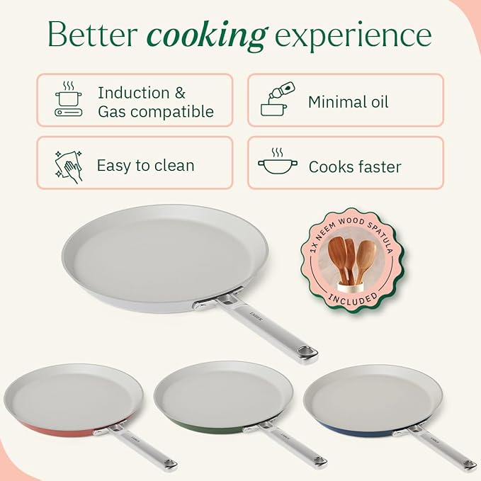 Ember Cookware Arcilla Ceramic Non Stick Dosa Tawa 28cm | Stainless Steel Handle | Grey