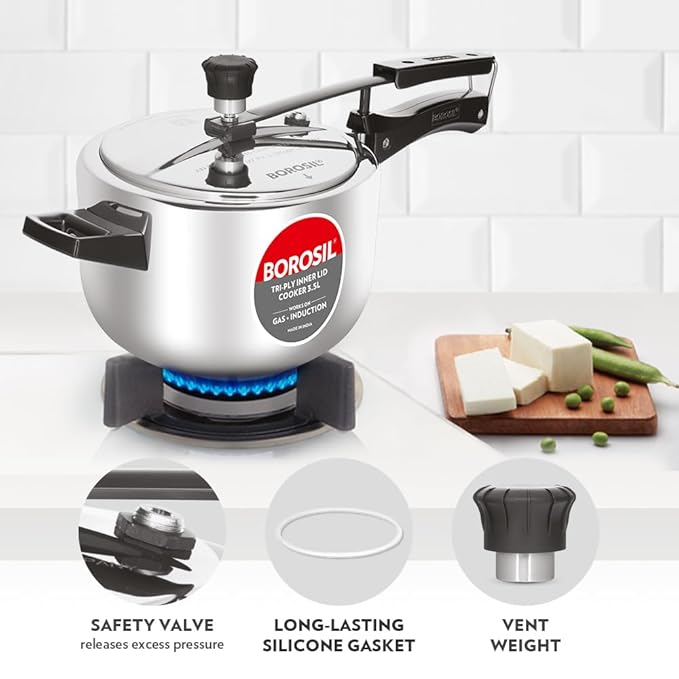 Borosil Triply Induction Base Inner Lid Stainless Steel Pressure Cooker | 3.5 Litres