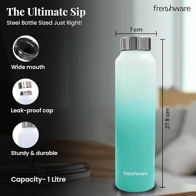 Frenchware Water Bottle 1 Litre, Stainless Steel, Premium SS 304, Green & Pearl | Easy-to-Clean