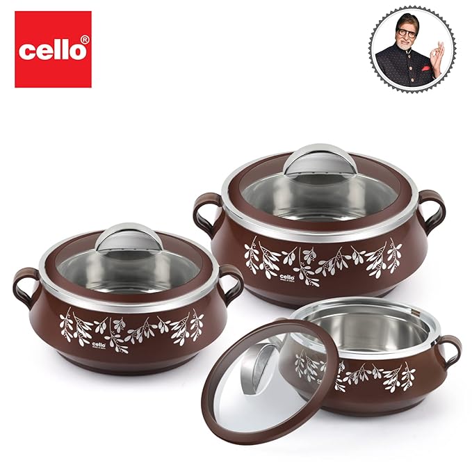 Cello Glitter Casserole with Inner Steel | Insulated Stainless Steel Inner Body Casserole Set for Meal | Set Of 3