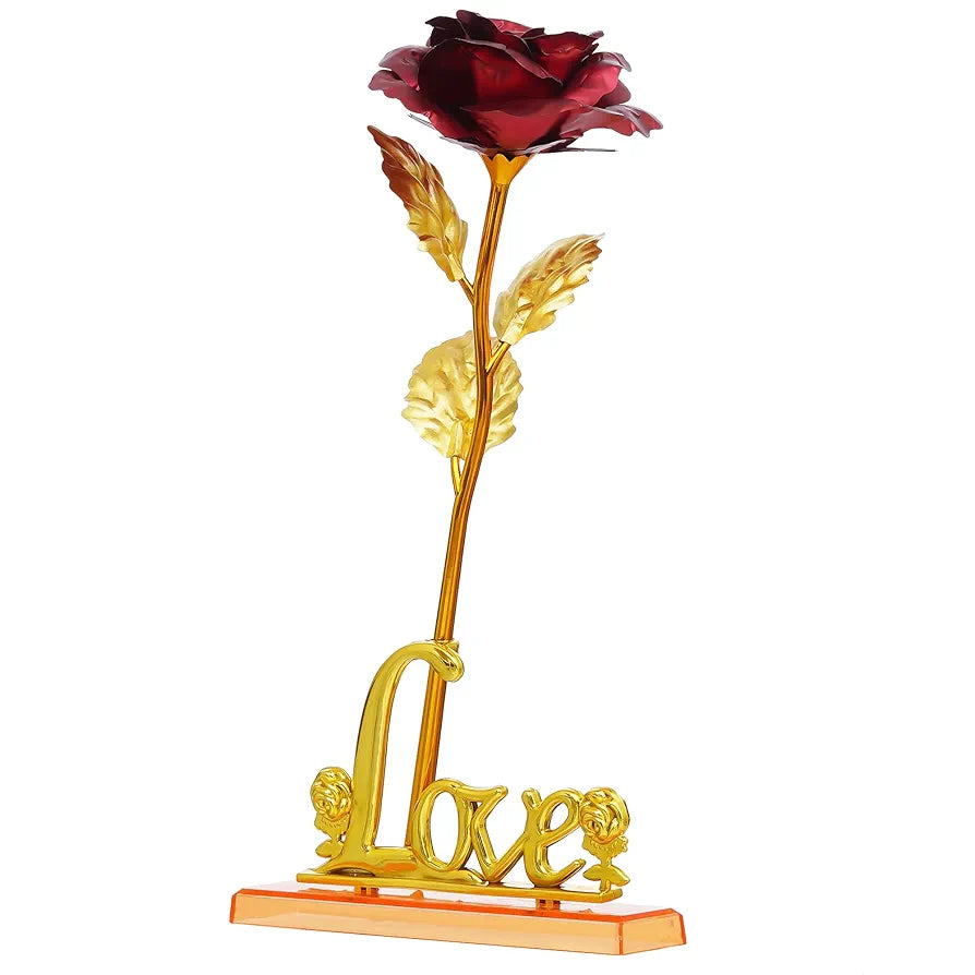 Golden Red Rose Flower with Love Showpiece