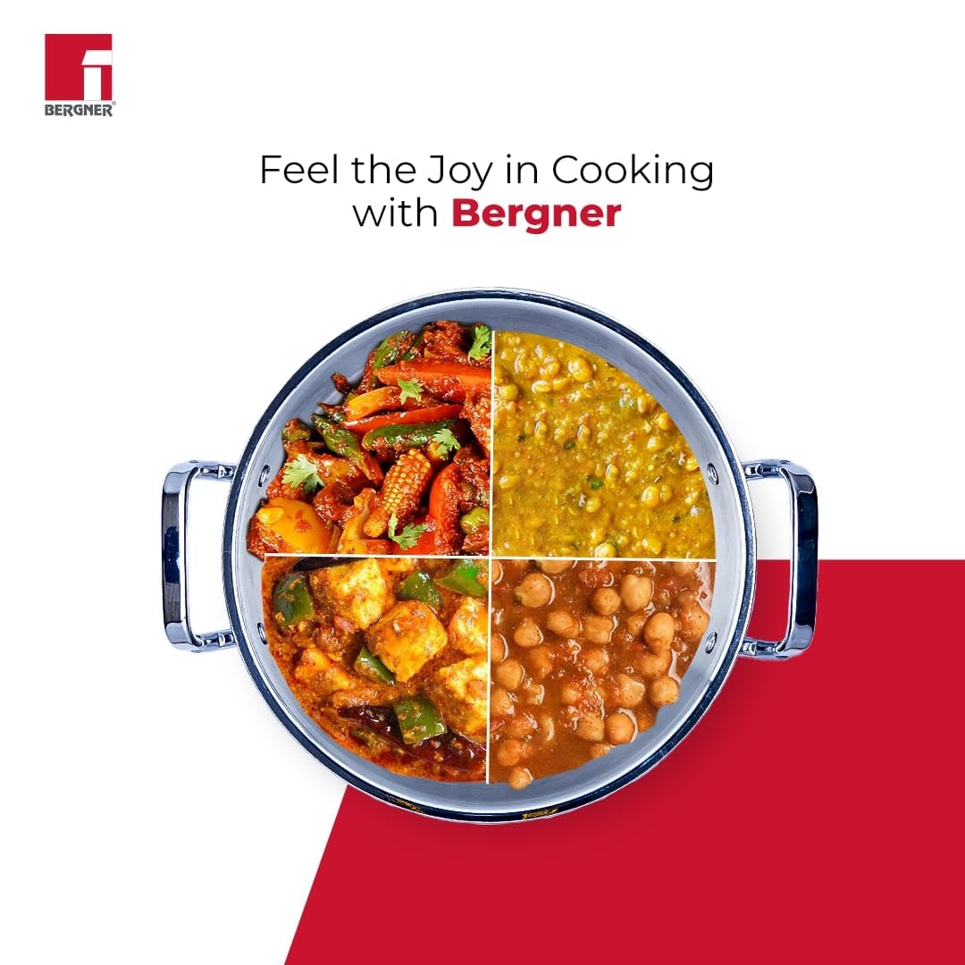 Bergner Tripro Triply 30 Cm Deep Kadai | 6 L Capacity | Stainless Steel Lid | Wide Grip Handles