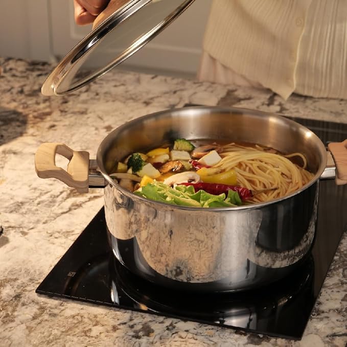 Arttdinox Timber Stainless Steel Triply Pot With Glass Lid | 25 Cm | 5 Ltr | Wood Finished Handle | Induction & Gas Base