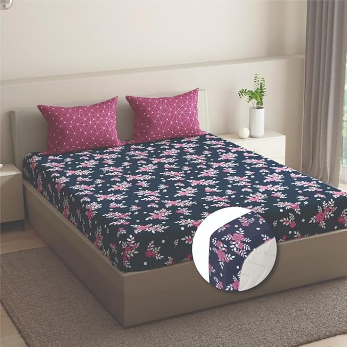 Wakefit Bedsheet for King Size Bedsheet King Size Bed Cotton Pillow Covers Elastic Fitted Sheet Paula Colour