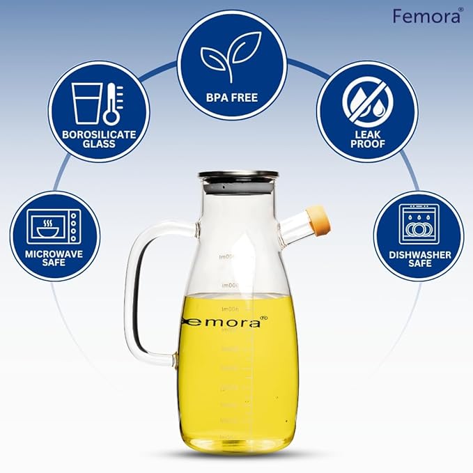 Femora Borosilicate Glass Oil Dispenser and Stoppers Bottle With Handle | 1000 Ml