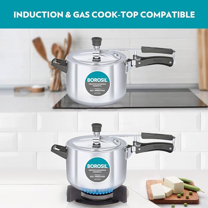 Borosil Presto Induction Base Inner Lid Aluminium Pressure Cooker | Silver| 5 Litres