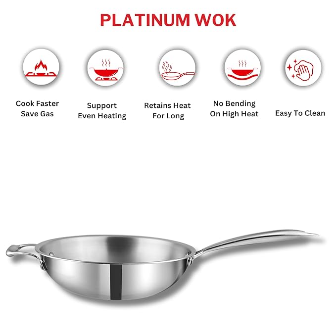 Vinod Platinum Triply Stainless Steel Wok - 3 Litre, 26 Cm | Riveted Handle | Stir, Shallow Fry | Noodles | Curry | Fried Rice | Induction Base
