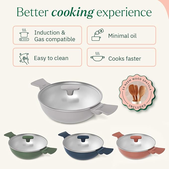 Ember Cookware Arcilla Ceramic Non Stick Kadai 24cm | Glass Lid | Matching Handles | Florencen Series | Grey