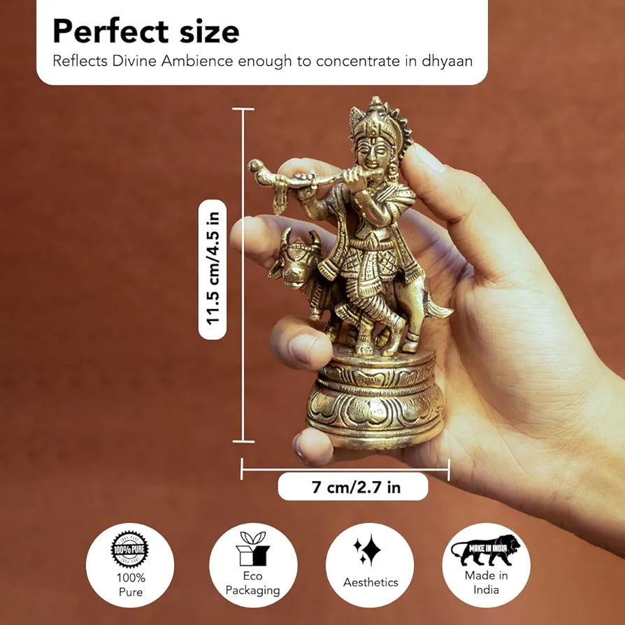 Ekhasa Pure Brass Lord Krishna Idol with Flute Shree Lord Krishna Statue Golden