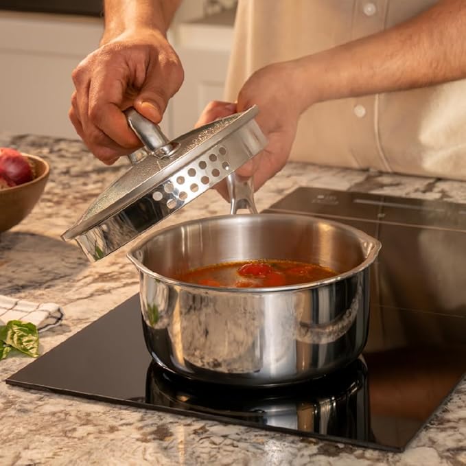 Arttdinox Stellar Stainless Steel Triply Sauce Pan With Straining Glass Lid | Milk Pan | 16cm | 1.5ltr | Jindal Stainless | Silver