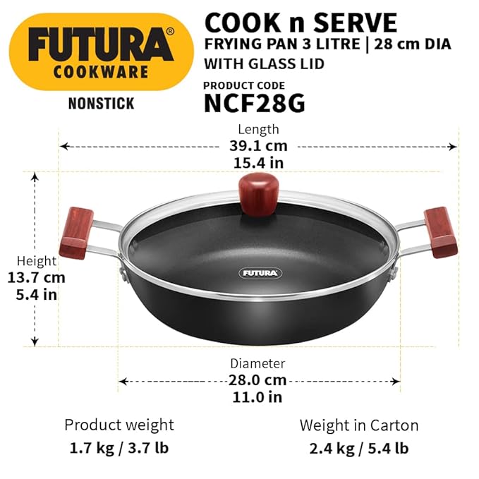 Hawkins Futura 3 Litre Cook n Serve Frying Pan, Non Stick Frying Pan with Glass Lid