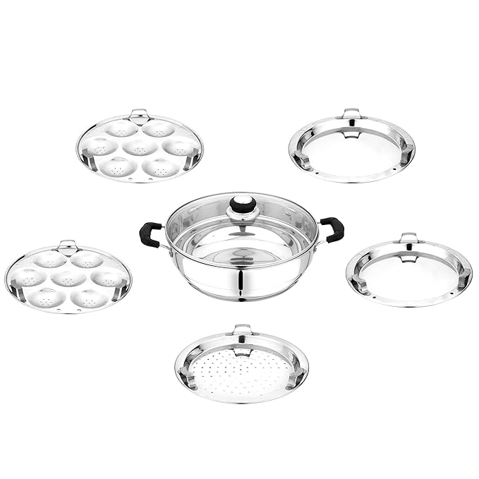 Pristine Stainless Steel Try Ply Induction Base Multi-Purpose Kadai with Lid and 5 Plates 2 Idli Plates 2 Dhoklas Patra Plates