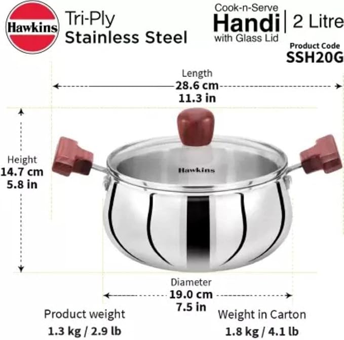 Hawkins 2 Litre Cook n Serve Handi Triply Stainless Steel Handi with Glass Lid