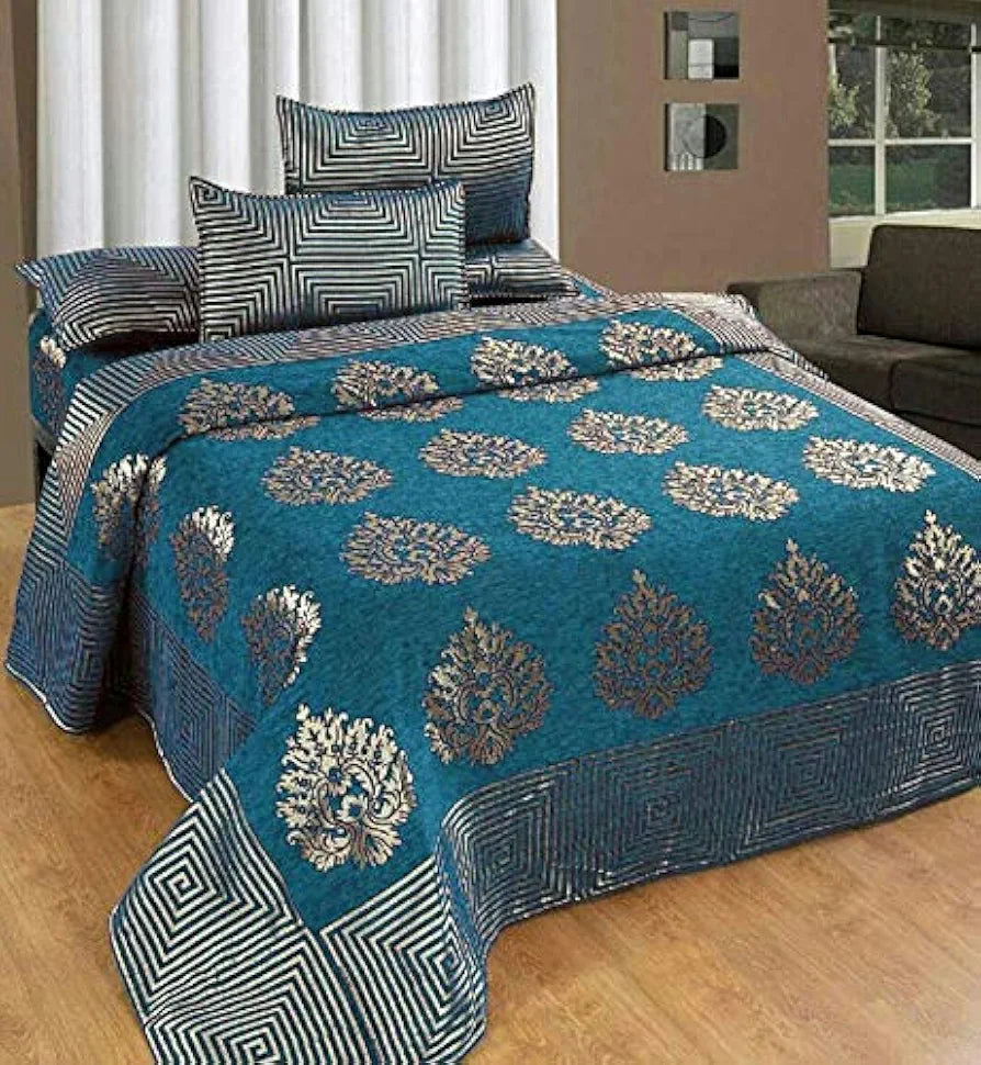 Fresh From Loom Chenille Velvet 500 TC Double Bed King Size Bedsheet Cum Bed Spread with 2 Pillow Covers Jhumka Skyblue