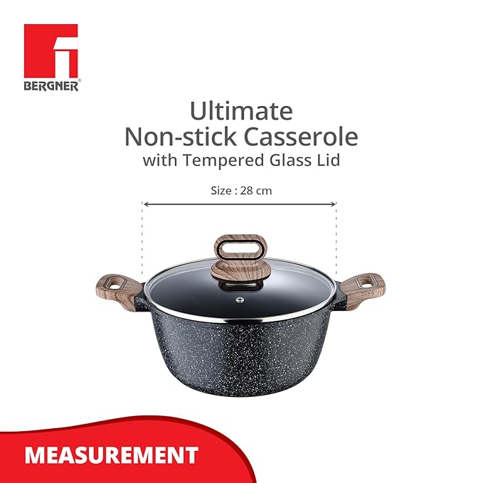 Bergner Ultimate Non Stick Casserole/briyani Pot/handi With Glass Lid | 28 Cm | 6 Litres