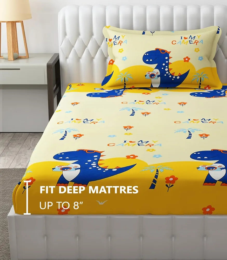 Fresh From Loom Elastic Fitted Bed Sheet Cartoon Printed Bedsheet for Kids 300 TC Multicolor Cream and Blue