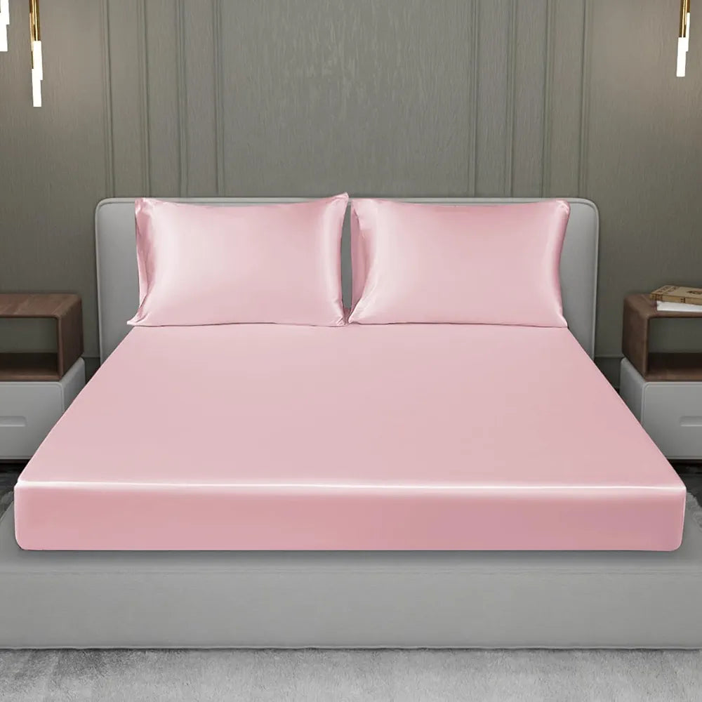 Cloth Fusion Satin Elastic Fitted Bedsheets Double Bed Luxury Queen Size Bed Sheet with 2 Pillow Covers Baby Pink