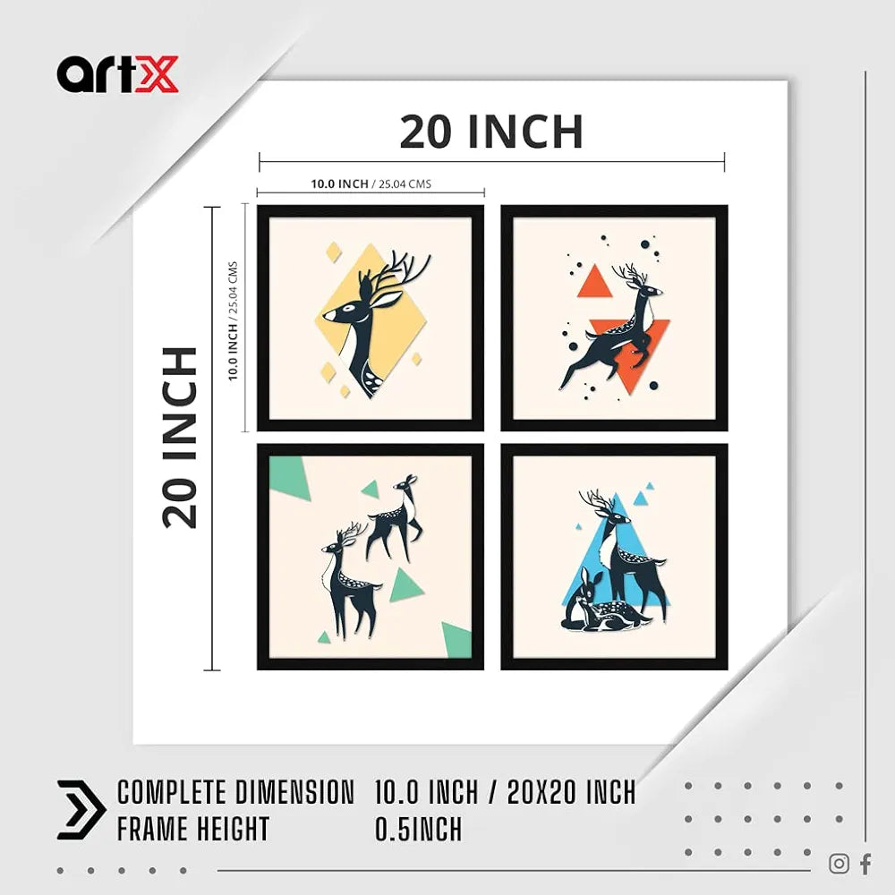 ArtX Paper Deer Wildlife Wall Art Painting Framed Paintings Set of 4