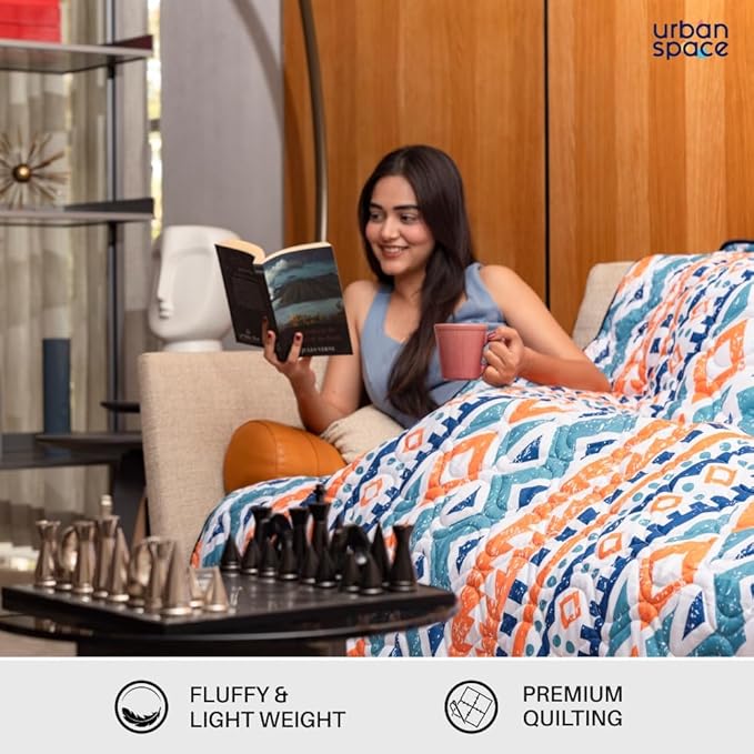 Urban Space Double Bed Comforter Microfiber 3 Layered Quilt Dohar Soft Lightweight Reversible Printed AC Blanket Colour New York Peach