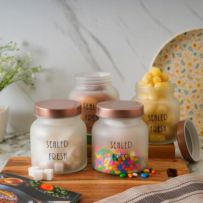 Femora Kitchen Storage Jars Frosted Glass Jar With Steel Lid Air Tight Jar | 700 Ml | Pack of 6 | Golden Lid