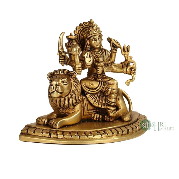 Indicast Brass Maa Durga Statue Idol of Sherawali Mata Murti | Golden Color