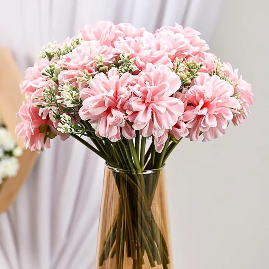 Artificial Dahlia Flower Bunch – 7-Stem Faux Bouquet Realistic Fabric Flower Arrangement Pink