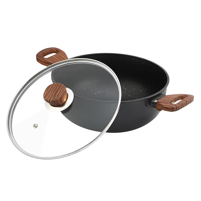 Vinod Zest Plus Die Cast Aluminium Kadhai with Glass Lid - 4 litre | Kadai for Cooking | 5mm Thick | 5 layer Coating